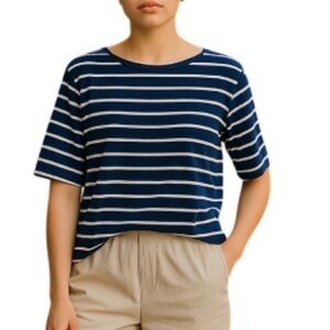 Jacob Striped Boxy Dolmen Short Sleeve Tee Navy and Baby Blue Sailor Nautical M